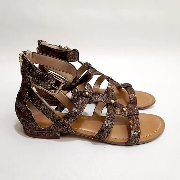 MARC FISHER Gladiator Sandals in Metallic Bronze Glitter with Gold Hardware - Picture 3 of 12